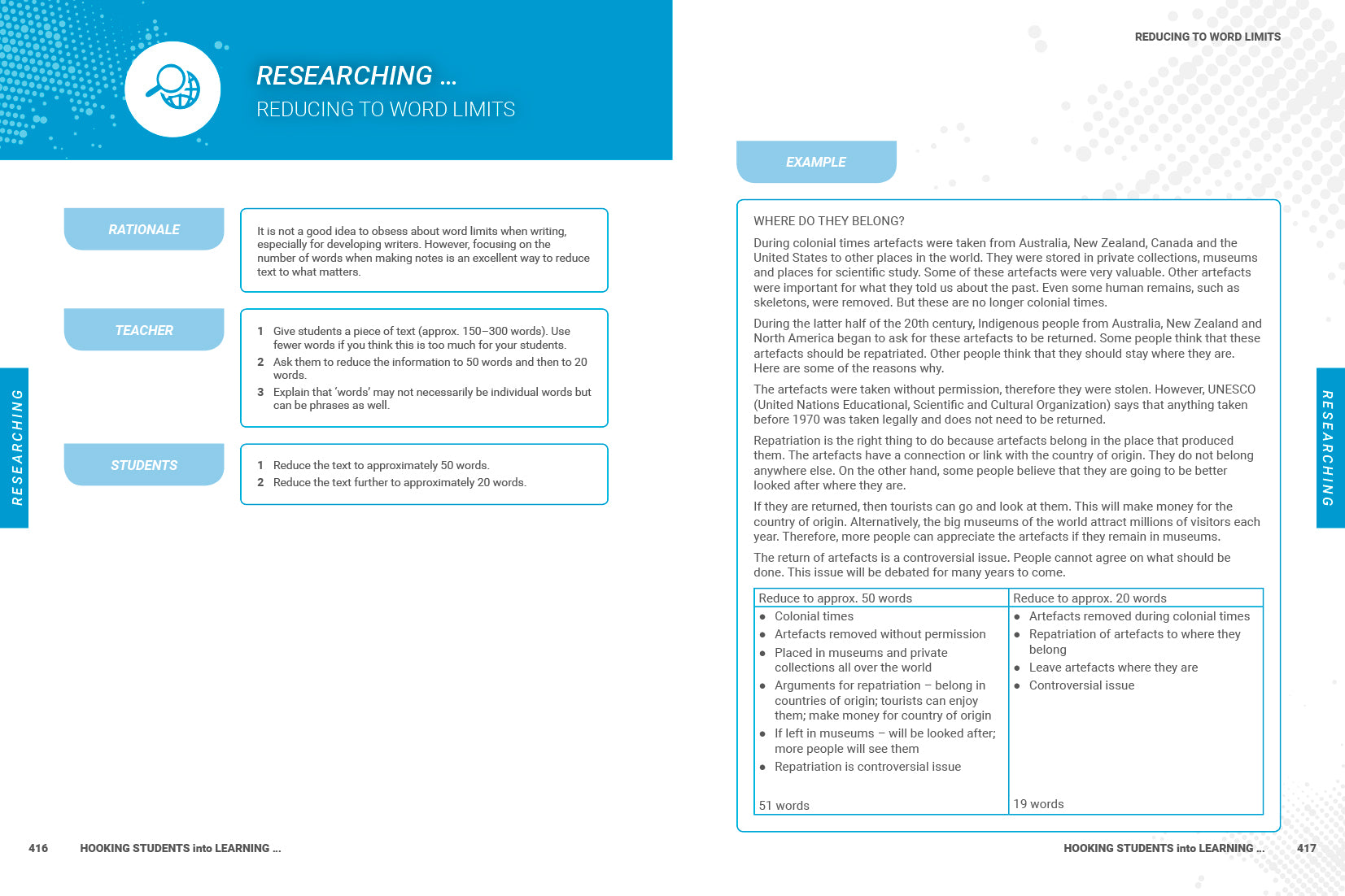 Example page from the Researching section of "Hooking Students Into Learning... in all curriculum areas" by Patricia Hipwell